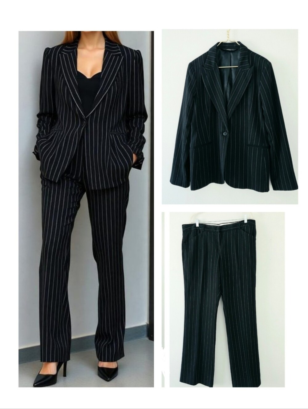 Norma Kamali Pinstripe Pantsuit Jacket Trousers Set Size 16 18